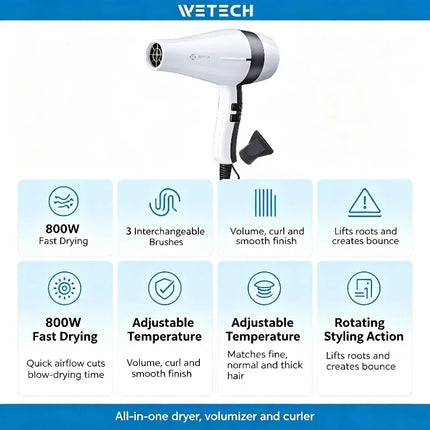 WETECH 2000W Professional Negative Ionic Hair Dryer Adjustable Temperature Speed Blow Dryer With Concentrator Nozzle Home Salon Hair Styling Tool 100-240V Dual Voltage