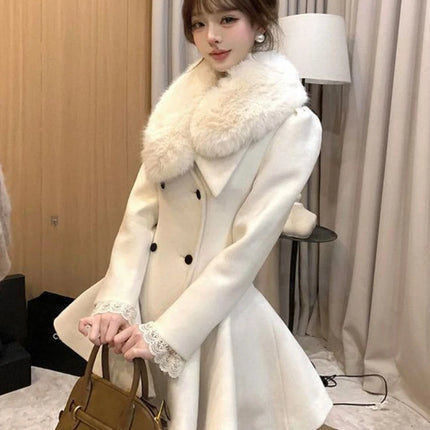Elegant Warm Winter Fur Collar Woolen Coat Women French Style Hepburn Slim Mid-length Outwear 2025 Vintage Lolita Chic Outfits