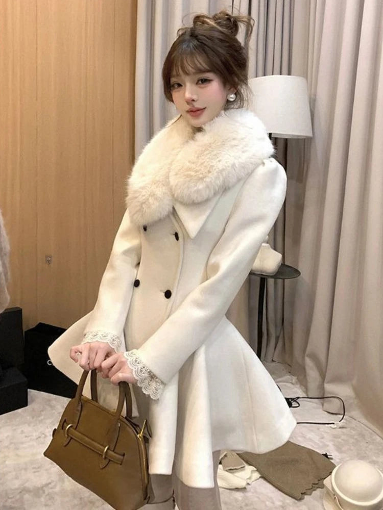 Elegant Warm Winter Fur Collar Woolen Coat Women French Style Hepburn Slim Mid-length Outwear 2025 Vintage Lolita Chic Outfits