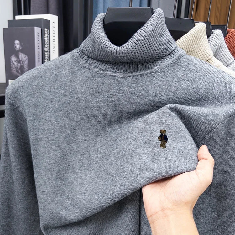 High-End Man Spring Long-Sleeved Knitwear Bear Print High Neck Hot Pullover Versatile Trend Leisure Warm Sweater Men's Clothing