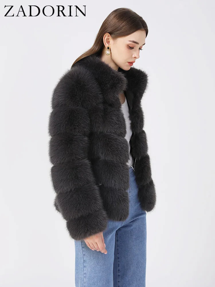 ZADORIN Winter Clothes For Women Stand Collar Splicing Long Sleeve Faux Fur Coat Women Black White Fluffy Jacket Faux Fur Coats