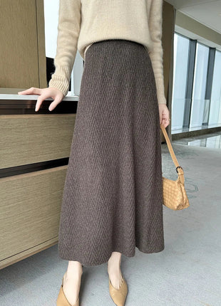 100% Cashmere Skirt Women's Mid-calf Dress Herring Bone High Waist High-end Versatile Knitted Skirt Autumn Winter Office Lady PlatiNum