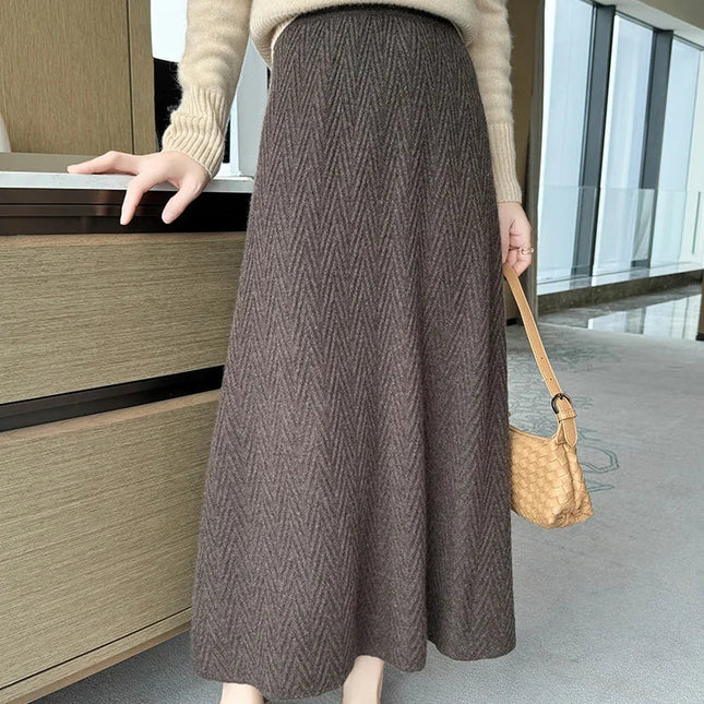 100% Cashmere Skirt Women's Mid-calf Dress Herring Bone High Waist High-end Versatile Knitted Skirt Autumn Winter Office Lady PlatiNum