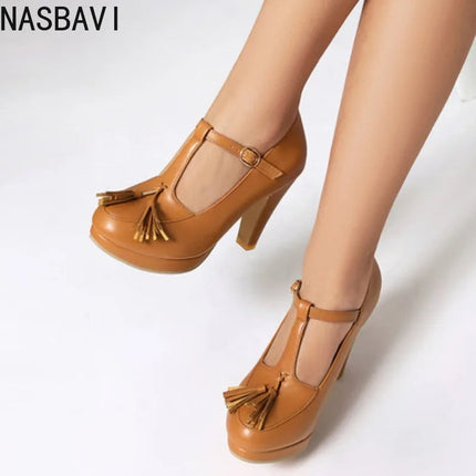 NASBAVI Fashion Female Pumps Round Toe Chunky Heels 9cm Platform 1.5cm Buckle T-Strap Tassels Plus Size 46 47 48 Sexy Shoes PlatiNum