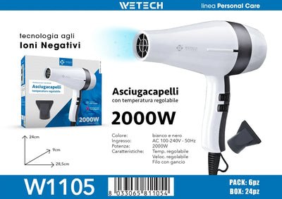 WETECH 2000W Professional Negative Ionic Hair Dryer Adjustable Temperature Speed Blow Dryer With Concentrator Nozzle Home Salon Hair Styling Tool 100-240V Dual Voltage