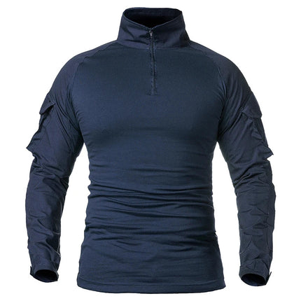 Men's Long Sleeve Combat Shirt 1/4 Zipper Ripstop Cotton Tactical Shirts Navy Blue Camoufalge Airsoft T Shirts PlatiNum
