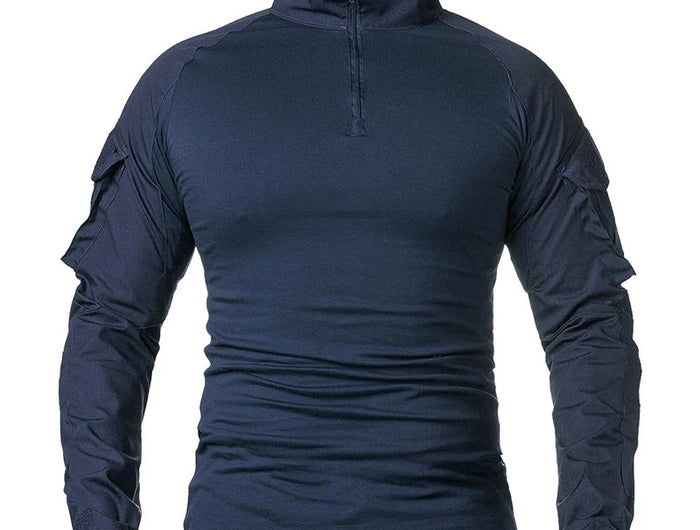 Men's Long Sleeve Combat Shirt 1/4 Zipper Ripstop Cotton Tactical Shirts Navy Blue Camoufalge Airsoft T Shirts PlatiNum