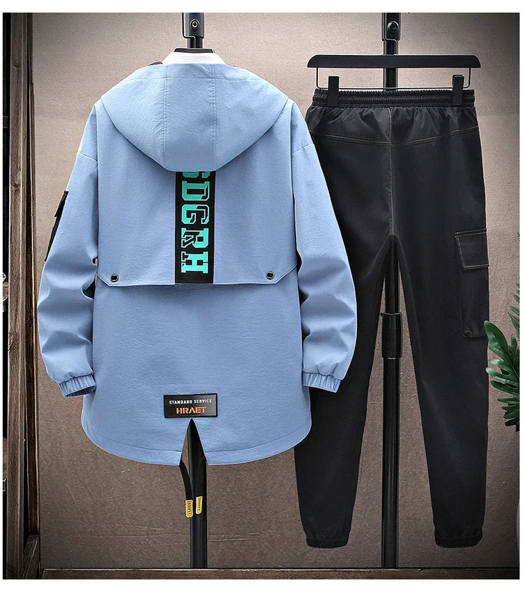 Spring Casual Men Sets Two Pieces Fashion Korean Trend Hooded Jacket + Pants Autumn Baseball Uniform Suit Man Outfit