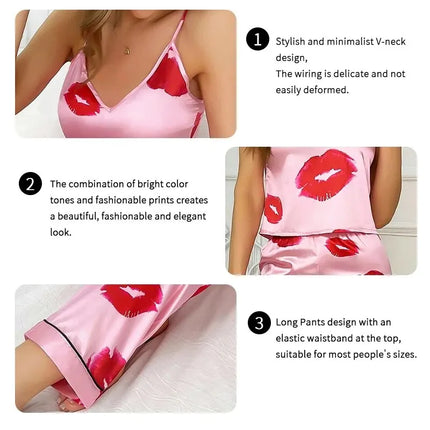 Pigiama da donna in raso con stampa labbra Top Cami con scollo a v e pantaloni elastici per le donne pigiama comodo sonno e abbigliamento da casa