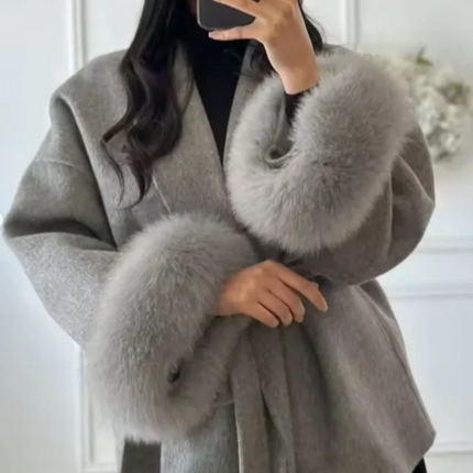 Elegant Lace Up Woolen Short Coat Solid Loose Lapel Furry Long Sleeve Belt Waist Jacket 2026 Spring Autumn Lady Chic Cardigan