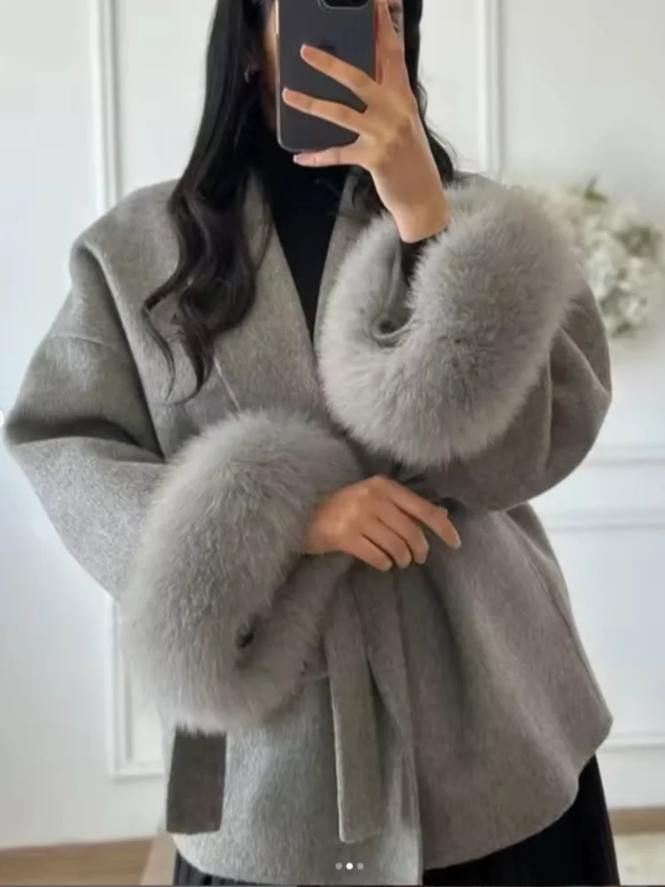 Elegant Lace Up Woolen Short Coat Solid Loose Lapel Furry Long Sleeve Belt Waist Jacket 2026 Spring Autumn Lady Chic Cardigan