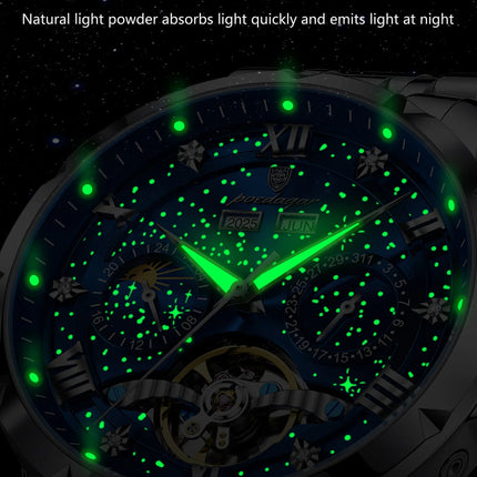 POEDAGAR Top Orologio da uomo originale Orologio meccanico automatico da uomo in acciaio inossidabile Calendario Hollow Tourbillon Orologio da uomo Maschio + scatola platinumshop