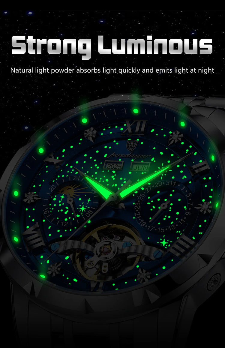 POEDAGAR Top Orologio da uomo originale Orologio meccanico automatico da uomo in acciaio inossidabile Calendario Hollow Tourbillon Orologio da uomo Maschio + scatola platinumshop