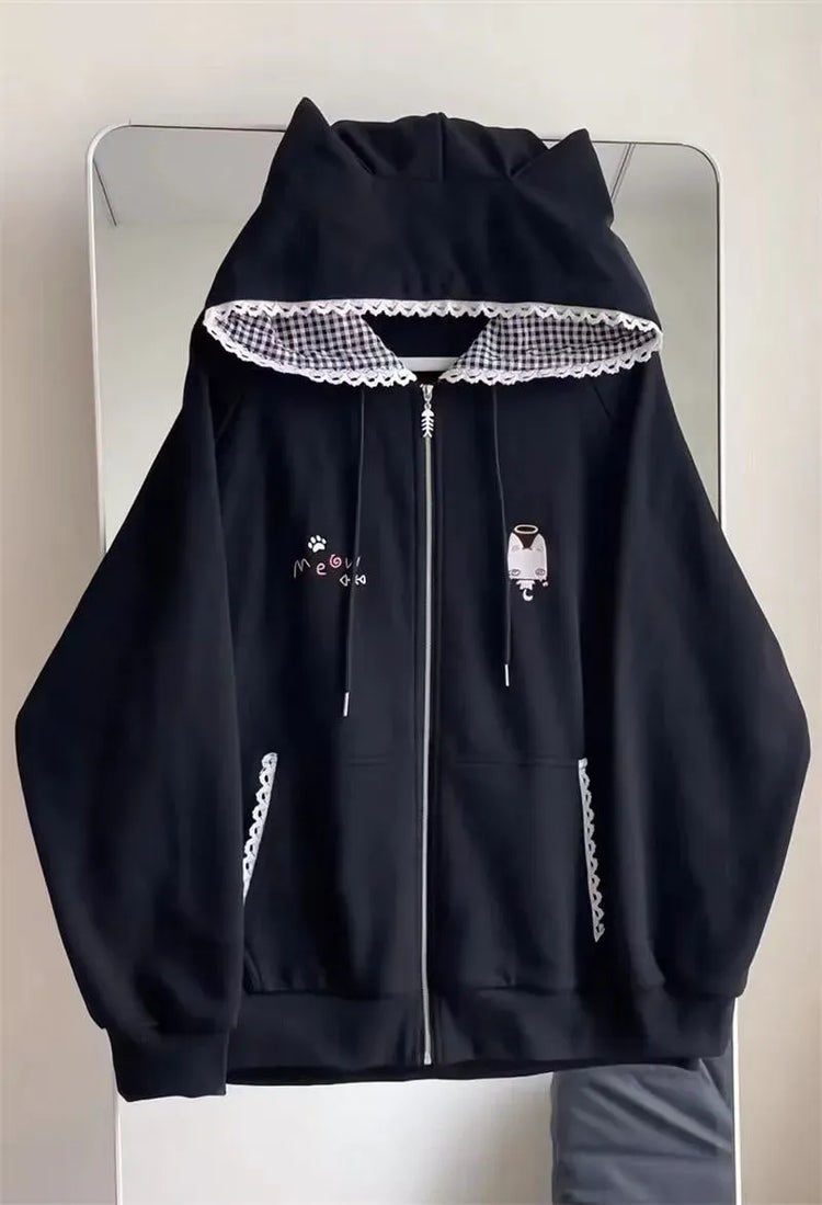 Ropa Mujer Japanese Cute Hoodies Coats Cute Cat Print Hooded Sweatshirts Y2K Tops Women Clothing Casual Zipper Loose Hoodie