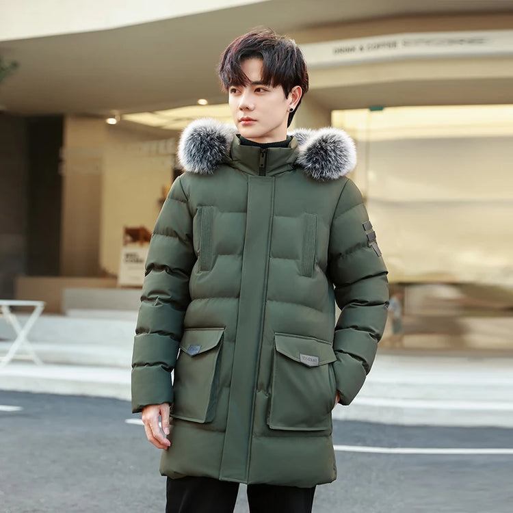 Windproof Breathable Thick Padded Down Winter Thick Windproof Warm with Hat Long Cotton Goose Down Men's Woman Outdoor