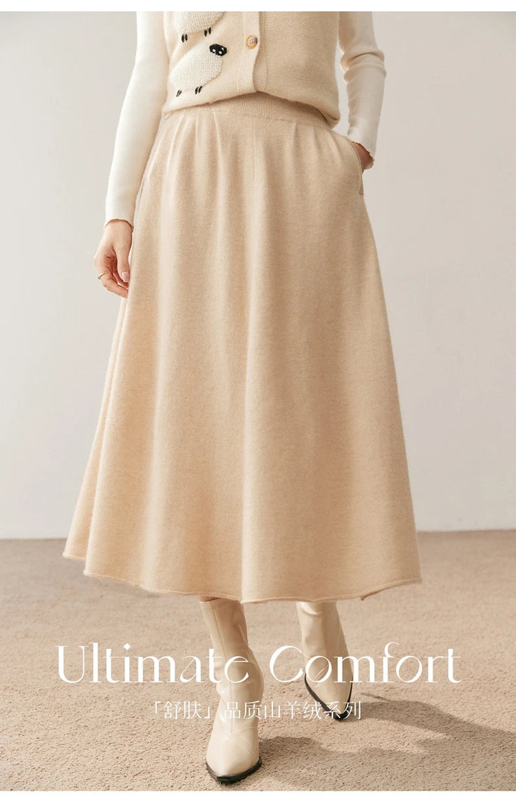 Women's 100% Pure Cashmere Knit Skirt New Elastic Waist Big Swing Skirts Fashion High-End Thick Umbrella Skirt Cashmere Dress PlatiNum