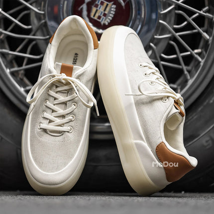 Men's Linen Canvas Platform Sneakers, Breathable Low‑Top Casual Skate Shoes, Retro Contrast Tan Trim Design, Soft Cushioned Thic