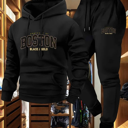 2-Piece Men's Casual Hooded Sweatshirt and Sweatpants Set - Los Angeles Letter Print Men's Outdoor Sports Set with Hooded Long S PlatiNum