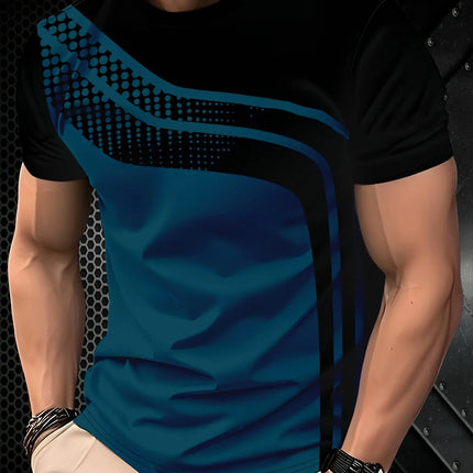 Men's Fashion Digital Print Short Sleeve T-Shirt in Black and Grey Stripes - Breathable Short Sleeve T-Shirt in Breathable Polyester