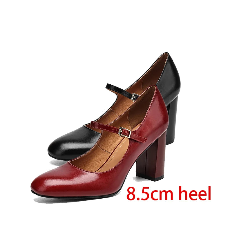 EAGSITY Cow leather classic high heel mary jane shoes women chunky heel round toe party wedding dress shoes