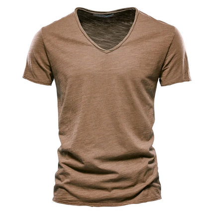 Men's 100% Cotton Branded Quality T-shirt V-Neck Fashion Design Slim Fit Solid Men's T-shirt Top Tees Short Sleeve T-shirt for Men