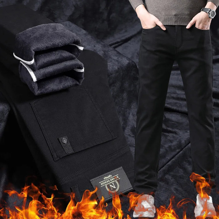 Winter New Business Fashion Casual Elastic Comfort Velvet Trouser Fleece Casual Pants Men's Straight Slim Thick Warm Male