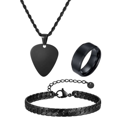 Set di 3 Pezzi: Collana con Ciondolo a Forma di Plettro per Uomo, Bracciale con Catena Cubana Piatta Stile Rock Punk, Set di Gioielli Classici da Uomo, Idea Regalo platinumshop