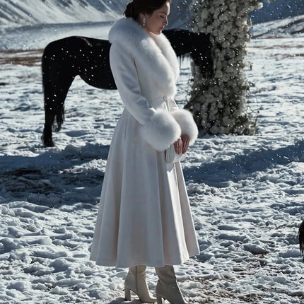Women Elegant Long Wool Blend Coat Faux Fur Big Collar Cuff Cinched Waist Flare A‑line Maxi Coat Retro Party Outerwear Overcoat