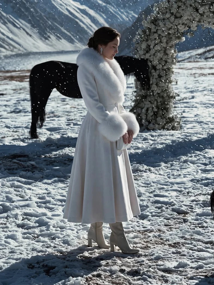 Women Elegant Long Wool Blend Coat Faux Fur Big Collar Cuff Cinched Waist Flare A‑line Maxi Coat Retro Party Outerwear Overcoat