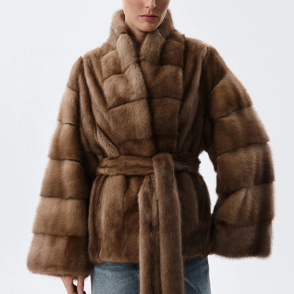 IG 2026 Women Stand Collar Belted Waist Faux Mink Fur Jacket Loose Long Sleeve Luxury Elegant Winter Party Daily Outer Coat