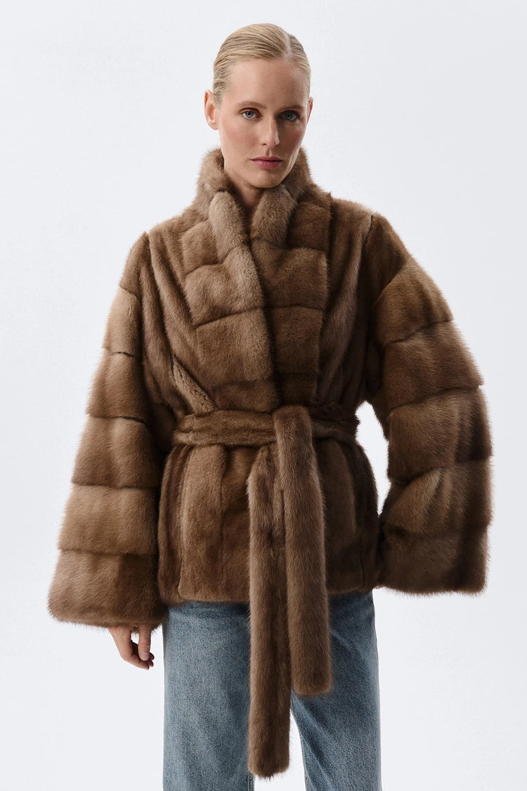 IG 2026 Women Stand Collar Belted Waist Faux Mink Fur Jacket Loose Long Sleeve Luxury Elegant Winter Party Daily Outer Coat