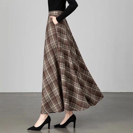 New Women Thick Woolen Skirt Autumn Winter Fashion Elastic High Waist A-Line Long Plaid Skirt Elegant Easy Match Wool Skirt PlatiNum