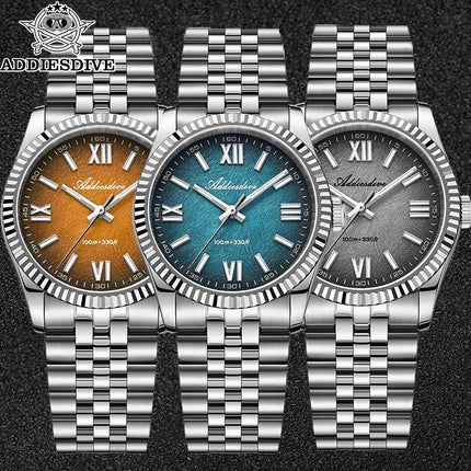ADDIESDIVE New 36mm Watch for Men AD2512 Luxury Sapphire VH31 Quartz Wristwatch 100m Waterproof Stainless Steel Luminous Watches