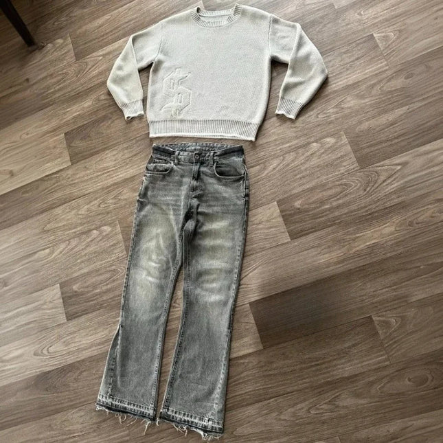 Dollar Pattern Embroidery Retro Jeans Men Y2K Splice Hip Hop Baggy Pants Gothic Streetwear Fashion Low Rise Jeans Clothing New PlatiNum