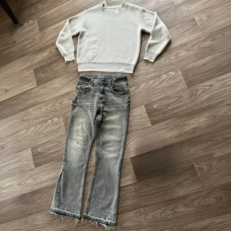 Dollar Pattern Embroidery Retro Jeans Men Y2K Splice Hip Hop Baggy Pants Gothic Streetwear Fashion Low Rise Jeans Clothing New PlatiNum