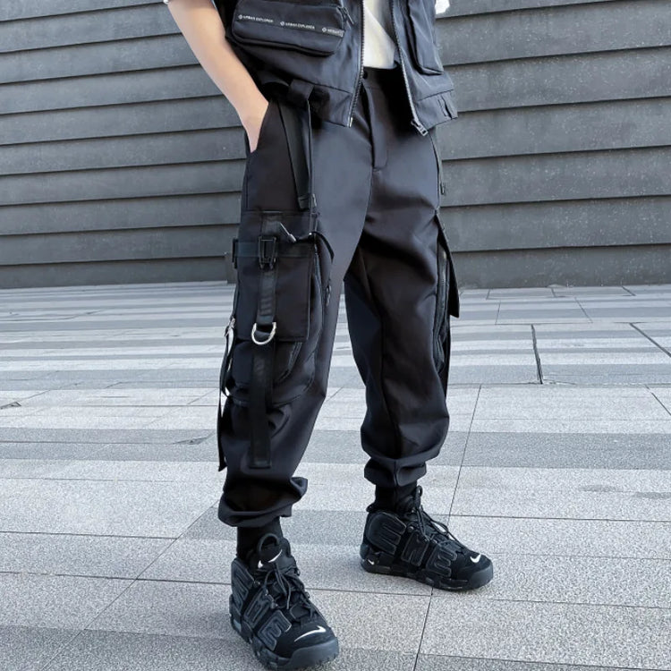 Hip Hop Tactical Cargo Pants Men Multi Pocket Ribbon Design Joggers Trousers 2023 Spring Functional Elastic Waist Pant Black