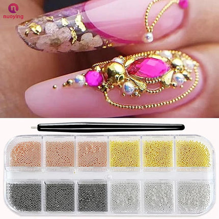 12Grid Metal Micro Caviar Beads Nail Art Charms, Gold Silver Mini Balls, 3D Nail Gem Decor with Magnetic Pen for DIY Nail Decoration