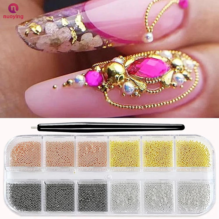 12Grid Metal Micro Caviar Beads Nail Art Charms, Gold Silver Mini Balls, 3D Nail Gem Decor with Magnetic Pen for DIY Nail Decoration