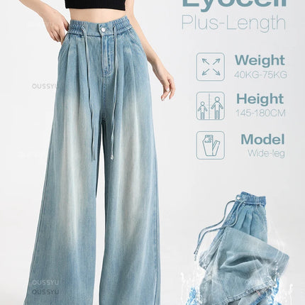 Estate di Lusso Morbido Accogliente 100% Tessuto Lyocell Donna Jeans Allentati Gamba Larga Elastico in Vita Pantaloni Moda Casual Più Lunghezza