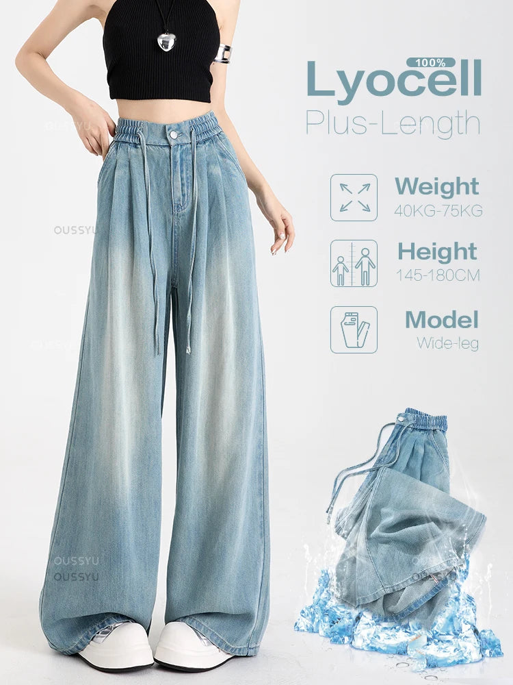Estate di Lusso Morbido Accogliente 100% Tessuto Lyocell Donna Jeans Allentati Gamba Larga Elastico in Vita Pantaloni Moda Casual Più Lunghezza