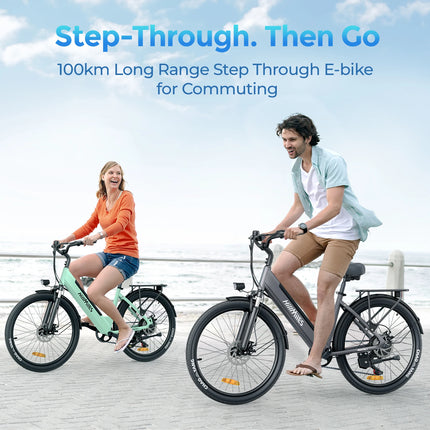 HillMiles MileCity 1 Bicicletta Elettrica Step-Through da 26 Pollici, E-Bike con Autonomia di 120 km, Motore da 250W, Batteria 36V 13Ah, 25 km/h, Cambio a 7 Velocità, Freni a Disco, Bici Elettrica per Pendolarismo Urbano, Sp