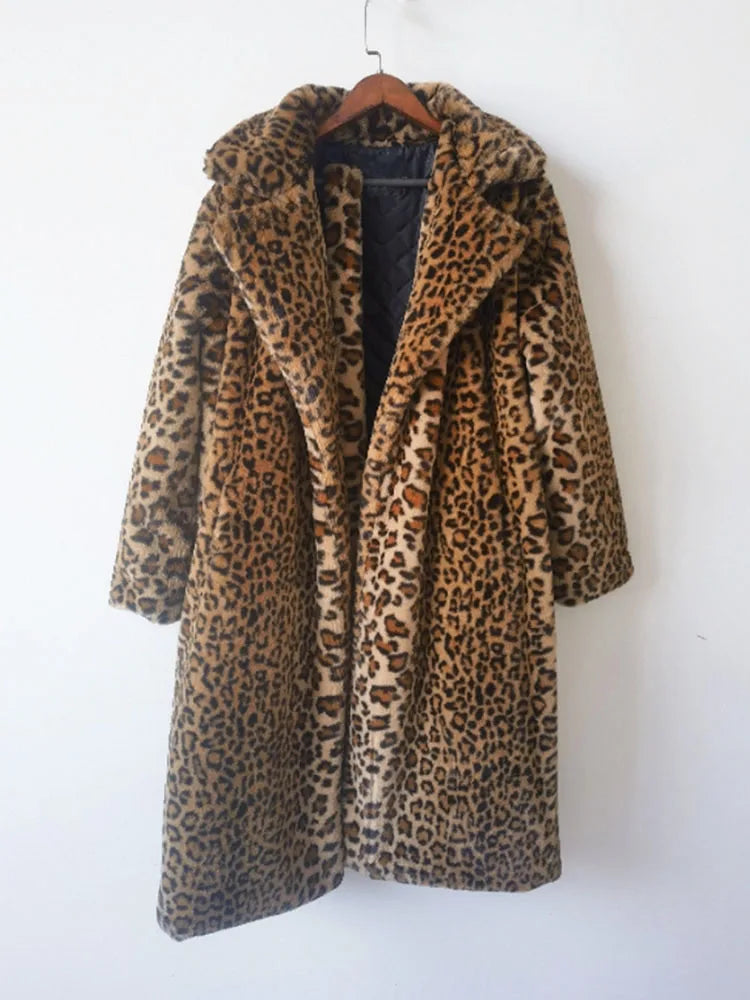 ZADORIN Winter Long Fluffy Leopard Print Jacket Women Lapel Warm Faux Fur Coat Women Korean Fashion Loose Fur Jacket Outerwears