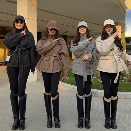 Casual Solid Woolen Loose Coats Women Belt Stand Collar Full Sleeve Zippers Lace Up Coat Female 2026 Autumn Lady Outwears