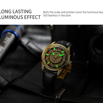 SKROX Original Gold Skeleton Automatic Movement Men's Watch Mechanical Waterproof Male Wrist Watches Leather Strap Luxury Clock