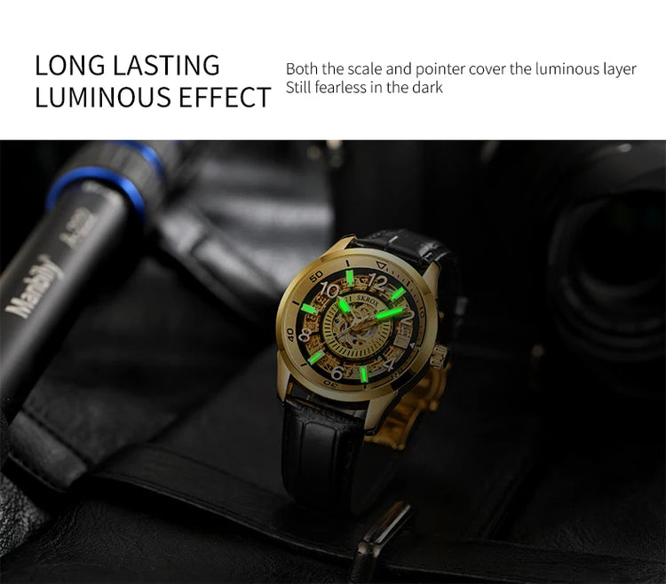 SKROX Original Gold Skeleton Automatic Movement Men's Watch Mechanical Waterproof Male Wrist Watches Leather Strap Luxury Clock
