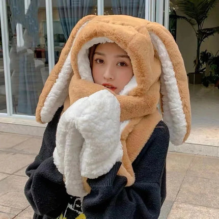 New Fashion Scarf Hat Glove Women Cute Big Ear Bunny Beanie Winter Warm Soft Thickening Pocket Warm Ear Hats Hooded Skullie Caps