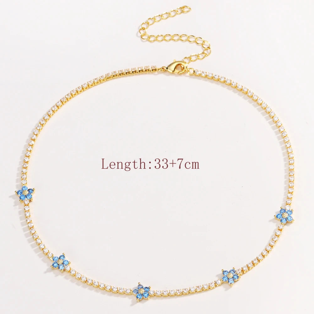 Moda estiva Blu Verde Rosso Fiore bianco Cubic Zirconia Fascino di cristallo CZ Collana a catena da tennis per donne Eleganti gioielli da festa
