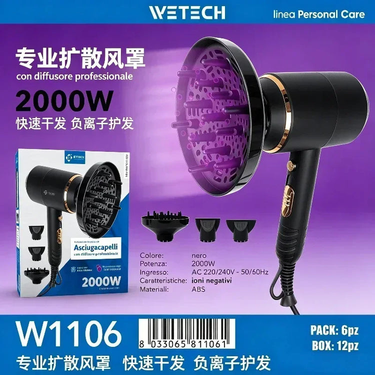 2000W Professional Negative Ionic Hair Dryer Hot Cold Air Adjustable Temperature Blow Dryer Salon Home Use With Nozzle/Diffuser Fast Drying