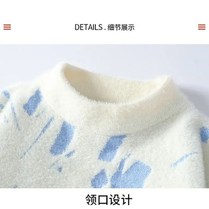 Winter Men's Thickened Fleece Sweater Irregular Jacquard Pattern Casual Round Neck Pullover Tops Striped Soft Knitted Sweaters