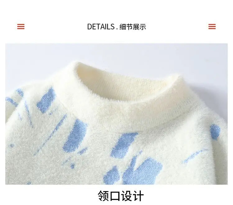 Winter Men's Thickened Fleece Sweater Irregular Jacquard Pattern Casual Round Neck Pullover Tops Striped Soft Knitted Sweaters